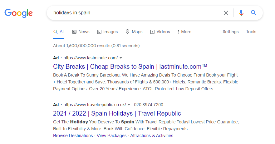 An example of text ads on Google