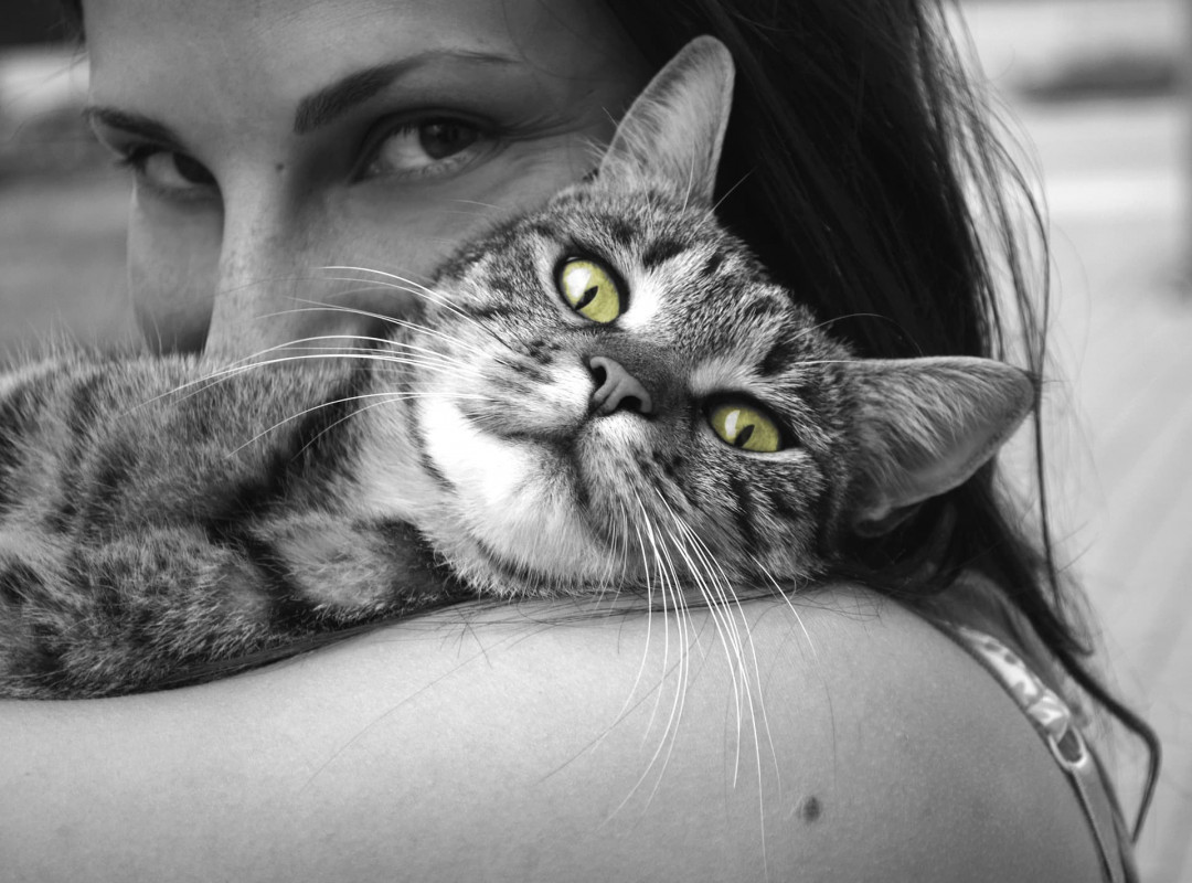 Black and white photo of a woman with a cat on her shoulder