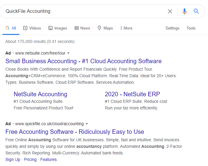 Example of a QuickFile Ad on Google Search