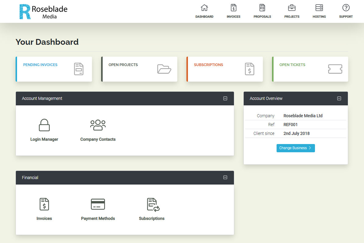 Example of the new Roseblade Media Client Control Panel