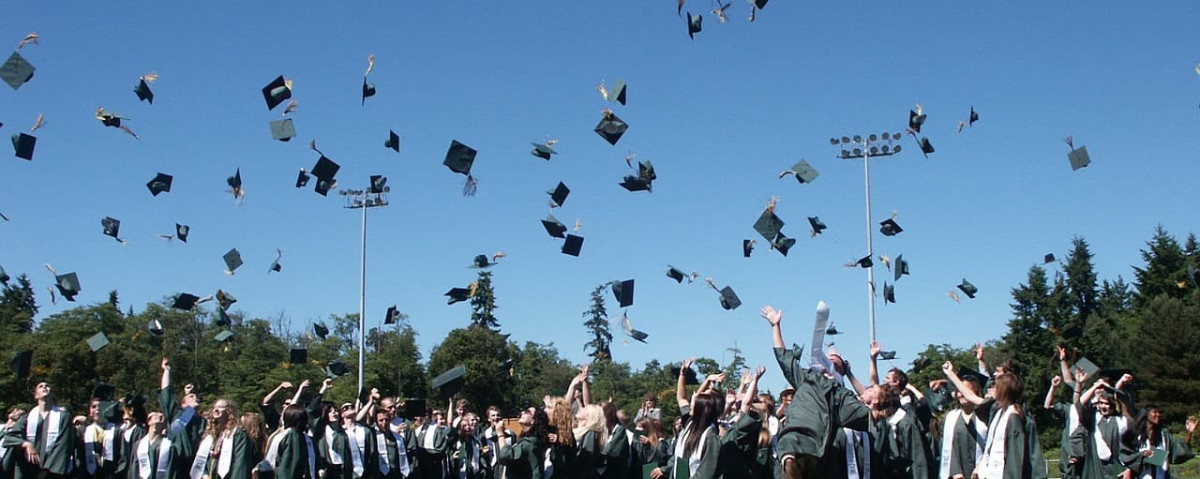Graduating class throwing their caps in the air