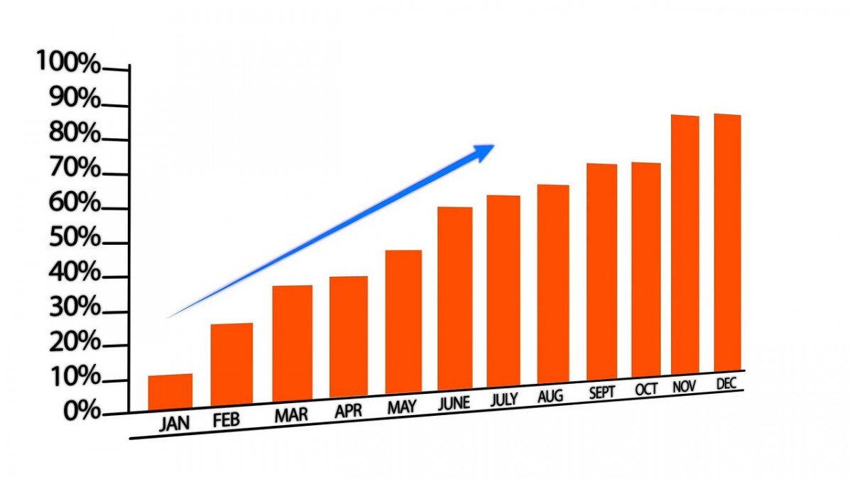 Graph with percentage on the y-axis and months on the x-axis showing an increase in percentage every month