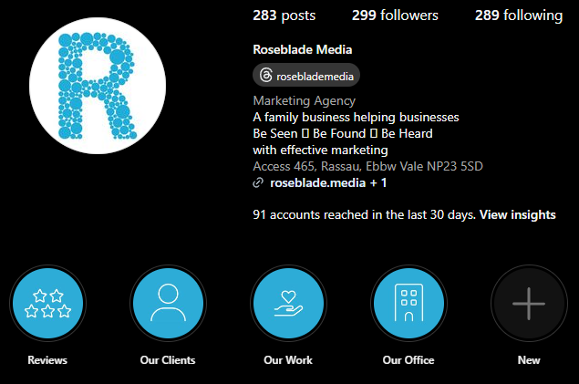 Screenshot of the Roseblade Media Instagram profile