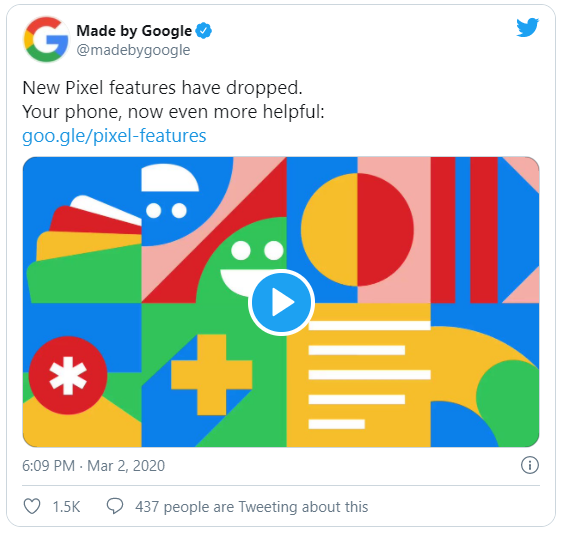 Tweet by @madebygoogle on 2nd March 2020
